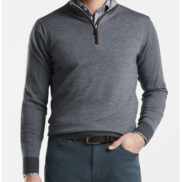 Peter Millar Needle Stripe Wool Quarter Zip Sweater Gray Men's Size Small NWT - Picture 1 of 12